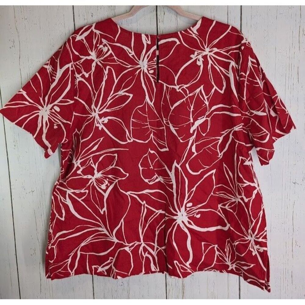 Liz Claiborne Size XL Womens Red White Floral Linen Short Sleeve Blouse Top - Picture 6 of 6